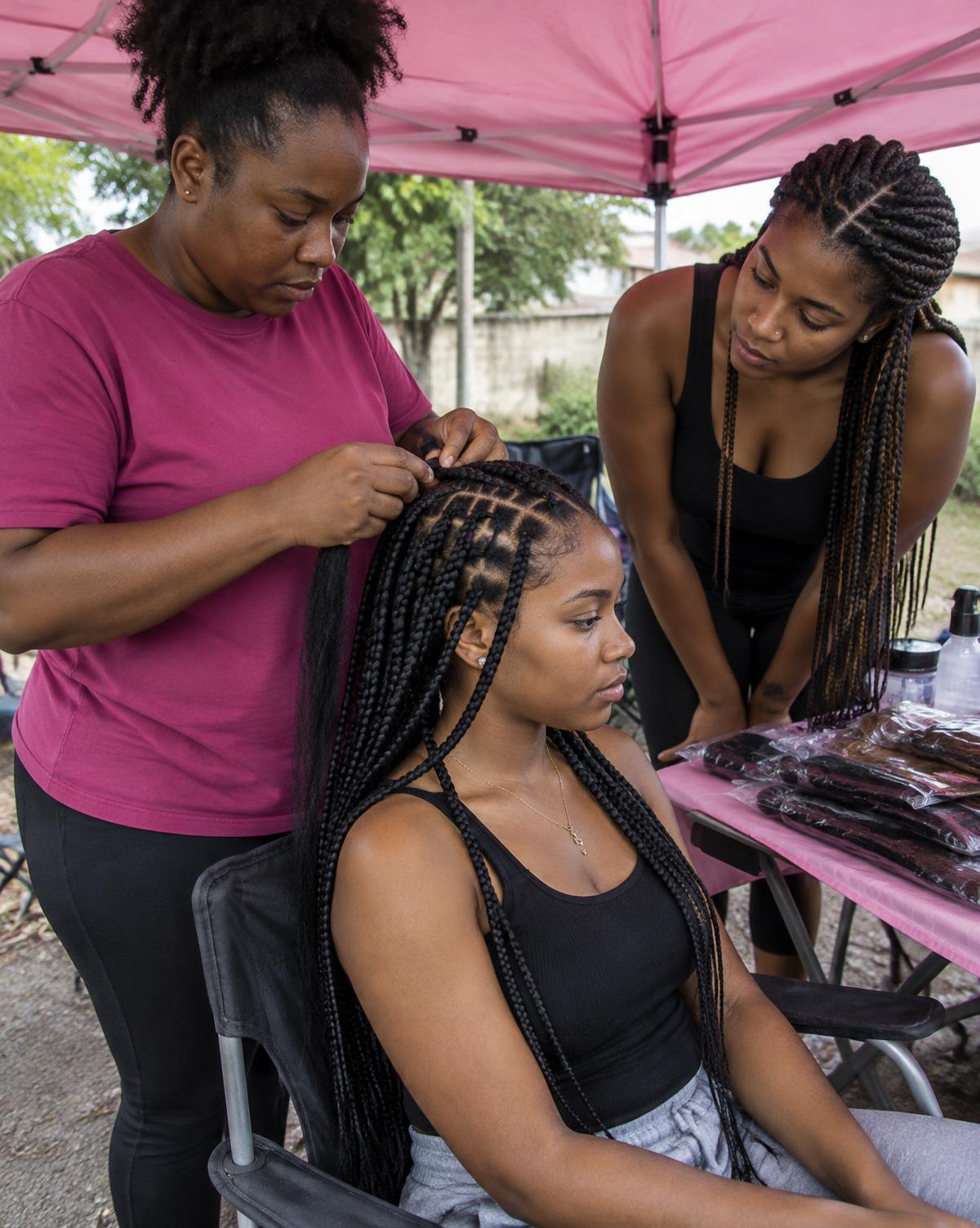 Trancista negra faz tranças em jovem negra sentada enquanto outra mulher observa e aprende