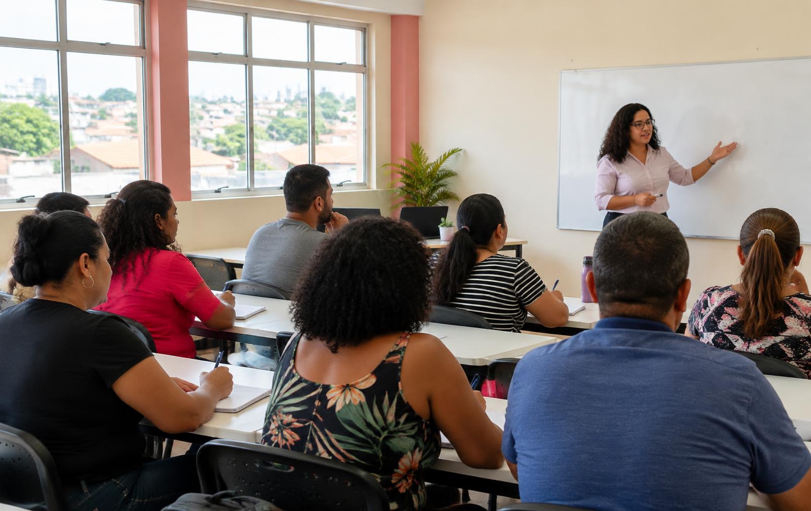 Turma de adultos acompanhando a explicação da instrutora